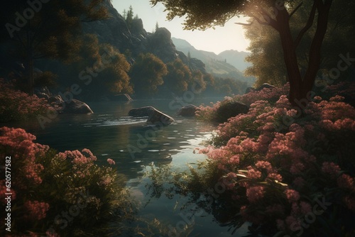 A dreamy river scene with blooming nature and enchanting ambiance. Perfect for fantasy enthusiasts. Generative AI