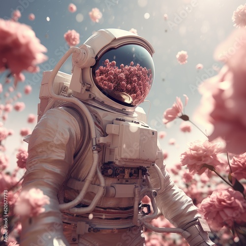 Obraz na płótnie astronaut in flower garden . generative AI
