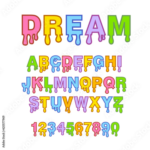 Vector stylized melting colorful font alphabet letters and numbers.