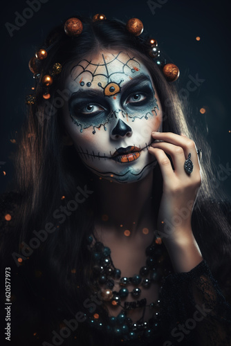 Close-up of woman in halloween costume. Dark background. ia generate