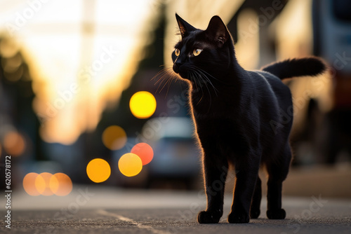 A black cat standing on a city street. Generative AI.
