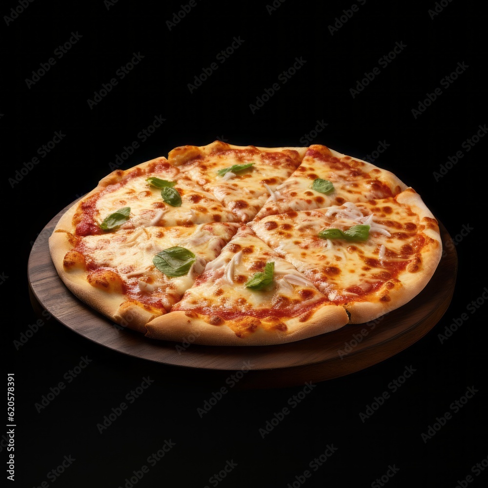 Traditional food photography, square - Italian pizza margherita, on dark table background (Generative Ai)
