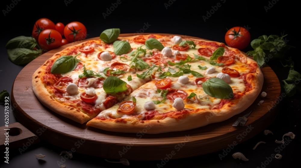 Traditional food photography - Italian pizza margherita, isolated on dark table background, top view (Generative Ai)