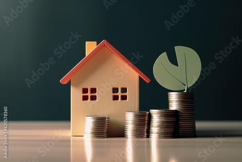 House model and a stack of coins on white table with dark green background how to save money