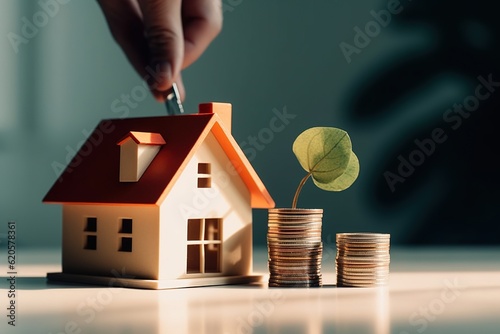 House model and a stack of coins on white table with dark green background how to save money