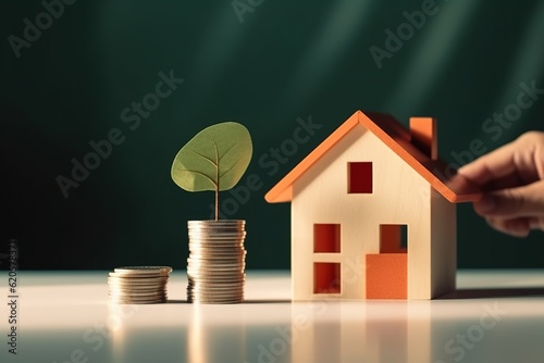 House model and a stack of coins on white table with dark green background how to save money