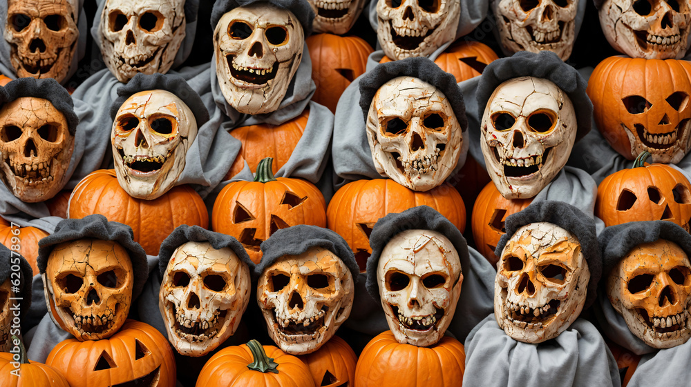 A Bunch Of Pumpkins That Have Been Carved To Look Like Skulls