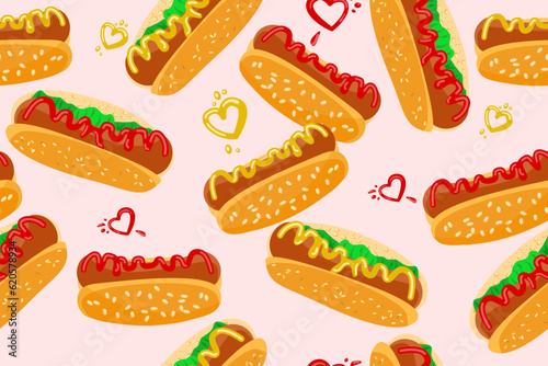 Hot dog  in vintage style, vector seamless pattern