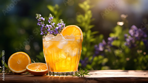 Orange slush juice drink with ice cocktail beverage on a wooden plank table in the summer garden with slices.