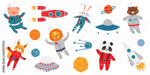 Large vector set of space elements and animals. Cute animals in space suits. Rockets, planets, space saucers. Children's space theme. Objects on white isolated background.