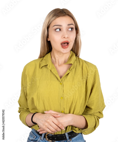 Shocked woman look aside, portrait of young blonde charming shocked woman look aside.  Beautiful impressed eavesdrop pretty girl standing isolated, transparent, png, copy space. Banner design concept.