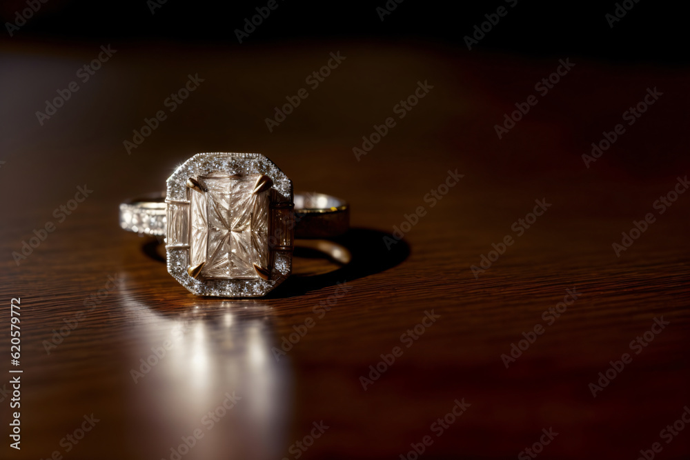 A Diamond Ring Sitting On Top Of A Wooden Table