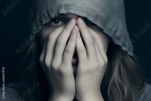 Close-up portrait of a fearful young girl with a hood covering her eyes and face with her hands - mental health, isolated, black background photo