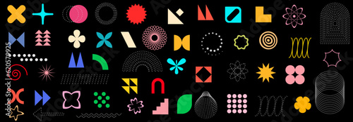 Shape elements, geometric design and abstract graphics, vector minimum circle, spot pattern on star and triangle line
