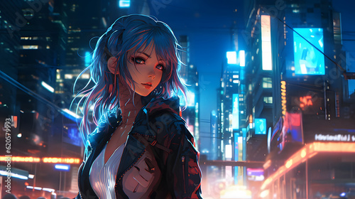 anime girl walking in the cyberpunk city at night