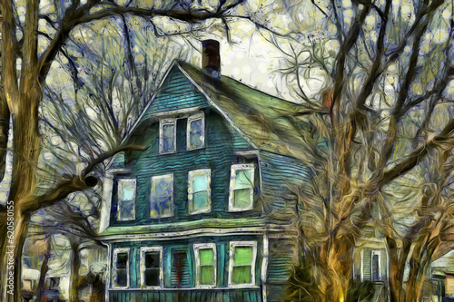 Old house among bare trees, Brighton city, MA, USA (photo turned into the painting inspired by Van Gogh painting with a photo to painting application)