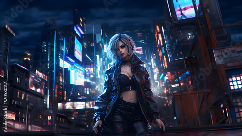 anime girl walking in the cyberpunk city at night © Demencial Studies