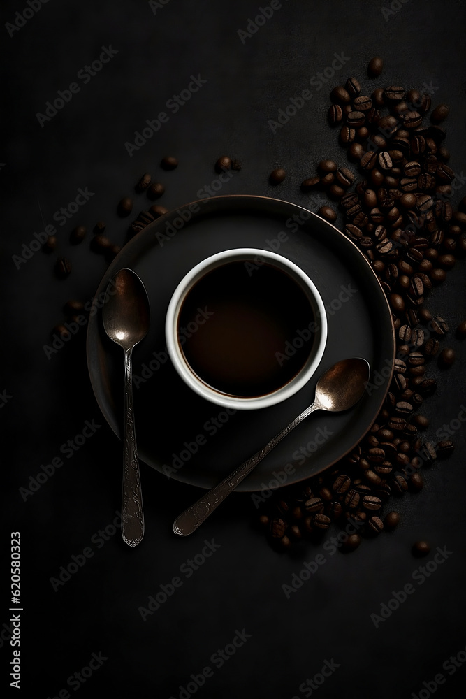 Top view of coffee cup, coffee beans, and spoons. Generative AI.