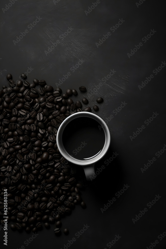 Top view of coffee cup, and coffee beans. Generative AI.