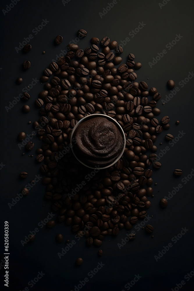 Top view of coffee cup, and coffee beans. Generative AI.