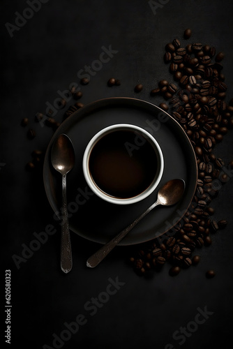 Obraz na płótnie Top view of coffee cup, coffee beans, and spoons. Generative AI. w salonie