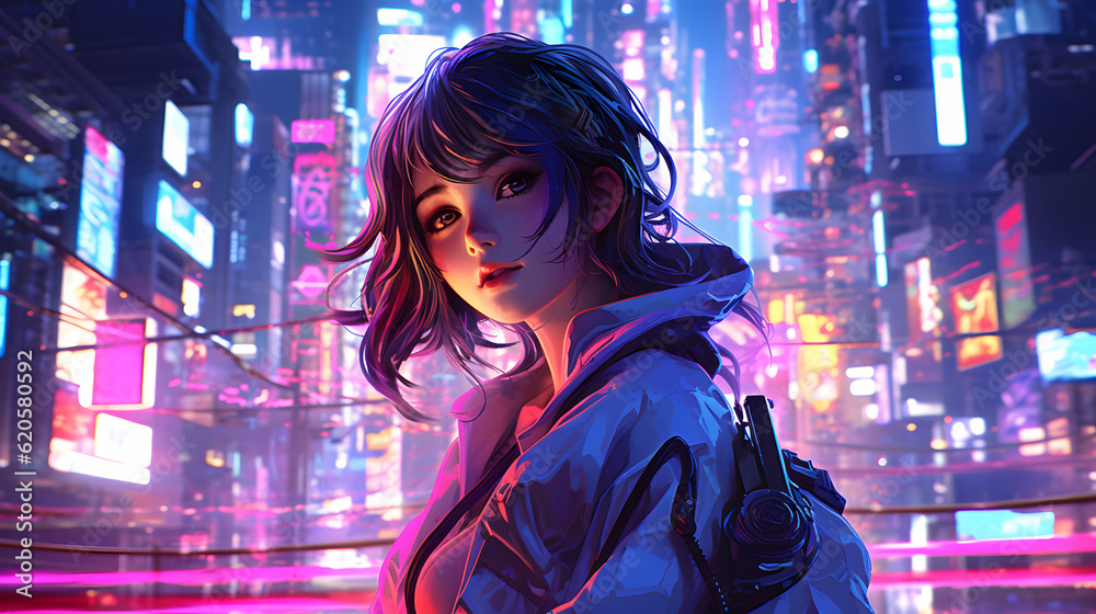 anime girl walking in the cyberpunk city at night anime girl walking in the cyberpunk city at night