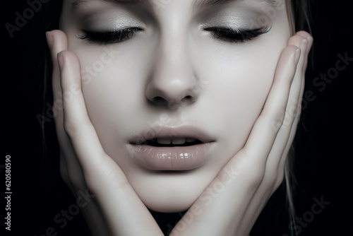 Extreme close-up portrait of a relaxed beautiful young woman with eyes closed covering   cupping her face with her hands - skin care  make up  isolated  black background