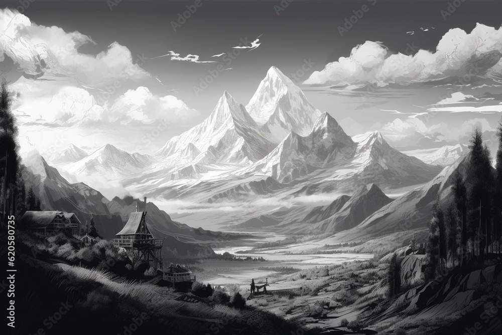 A black-and-white drawing of a landscape with mountains on either side. Generative AI