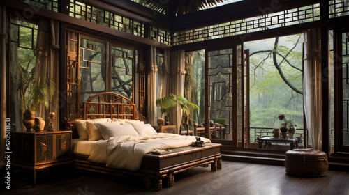 A traditional Chinese bedroom with a carved wooden bed, a silk canopy, and a floor-to-ceiling window with a view of a bamboo forest.