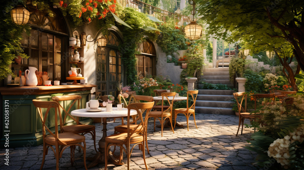 Outdoor coffee shop with a garden,  furnished with comfortable seating and plenty of plants, and a sense of relaxation and escape.