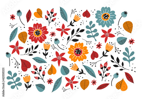 Big fall set of hand drawn flowers and leaves. Abstract floral elements in a flat style. Vector illustration