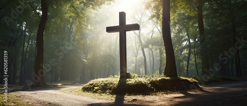 Cross of jesus christ in park in morning, Generative ai