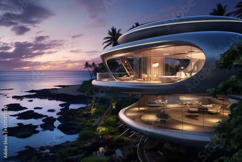 Generative ai luxury beach resort on tropical island at sunset