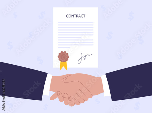 A handshake after signing a contract. Concept of a business and financial agreement. Vector illustration.
