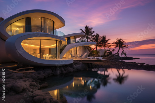 Generative ai luxury beach resort on tropical island at sunset