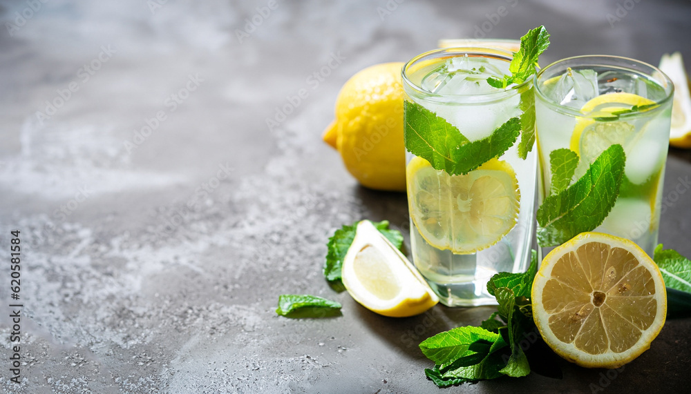 Fototapeta premium Fresh summer drink. Cold lemonade with mint on a concrete background.