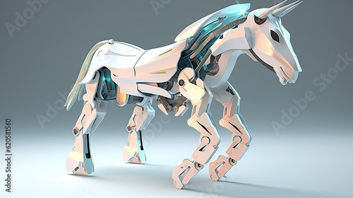 Futuristic robotic unicorn robot character in a cyberpunk setting. AI illustration.