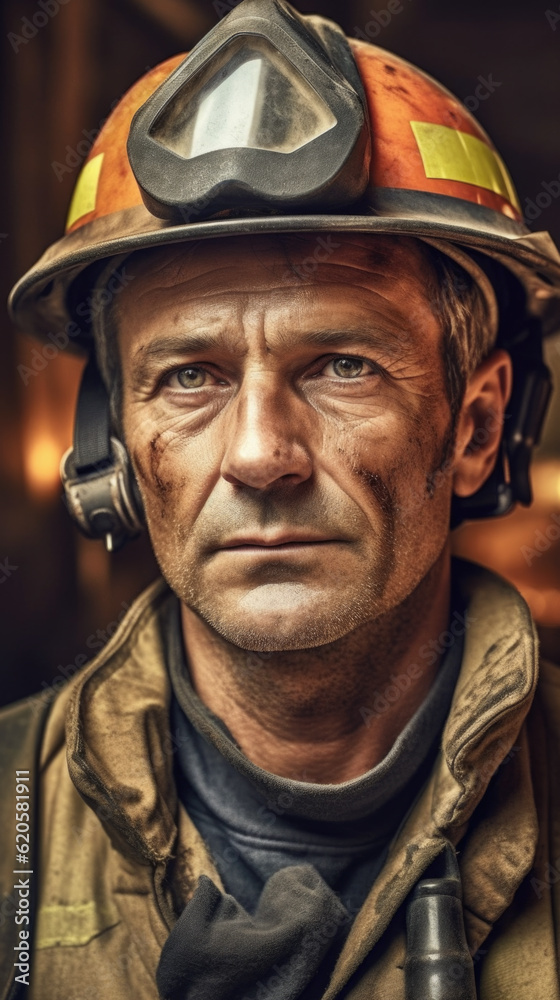 A man wearing a fireman's helmet and goggles. Generative AI.