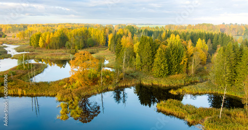 Fototapeta Naklejka Na Ścianę i Meble -  Amazing aerial view of Kirkilai karst lakes in the bright sunny autumn morning, Birzai eldership, Lithuania