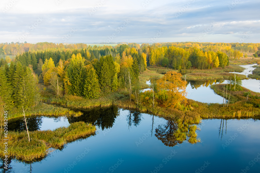 Amazing aerial view of Kirkilai karst lakes in the bright sunny autumn morning, Birzai eldership, Lithuania Amazing aerial view of Kirkilai karst lakes in the bright sunny autumn morning, Birzai eldership, Lithuania