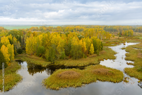 Amazing aerial view of Kirkilai karst lakes in the bright sunny autumn morning, Birzai eldership, Lithuania