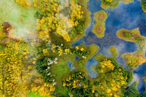 Amazing aerial top down view of Kirkilai karst lakes in the bright sunny autumn morning, Birzai eldership, Lithuania