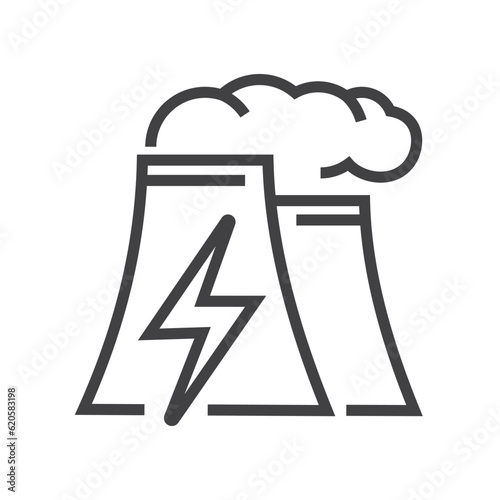Nuclear power plant with lightning symbol. Ecology icons. Editable stroke