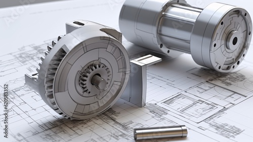 Optimize Efficiency: CAD Modeling for Streamlined Motor Design, fusion of blueprint and 3D Model drawing generative AI