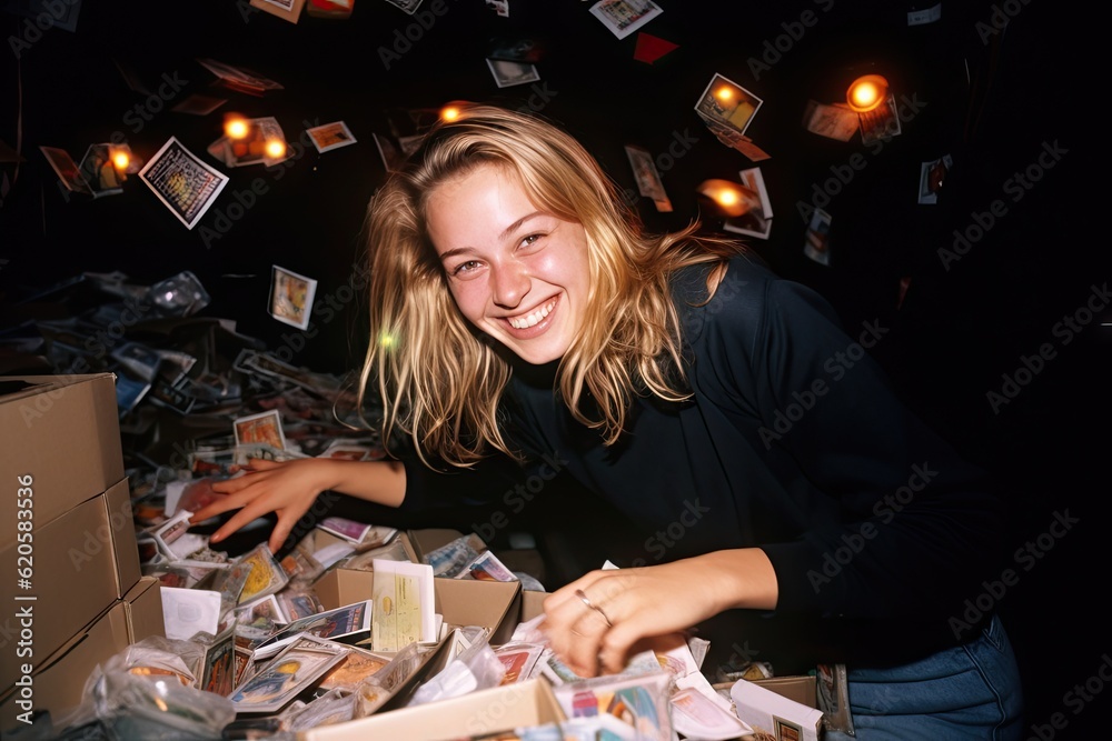 Fototapeta premium happy young woman at a table surronded by polaroid pictures