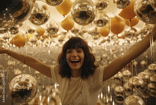 young woman in a mirror room with ceramic ballons