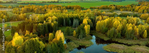 Amazing aerial view of Kirkilai karst lakes in the bright sunny autumn morning, Birzai eldership, Lithuania