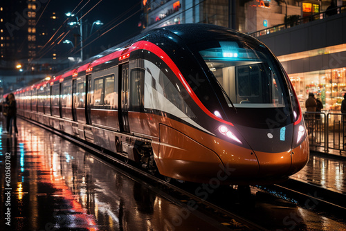 Electric train, city transport, at night in the city after the rain. Generative AI