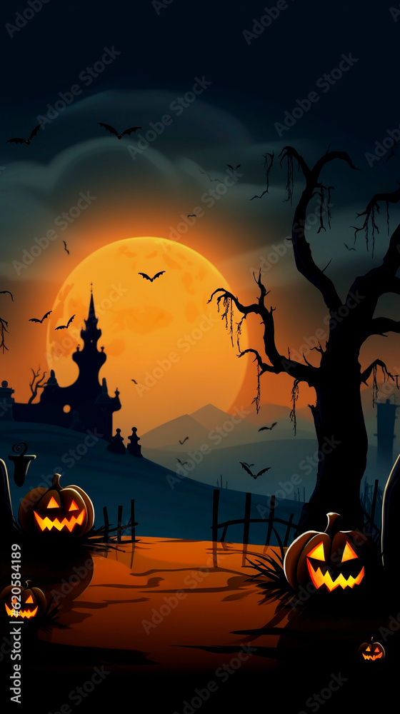 Vertical halloween background with pumpkins and a castle in a forest