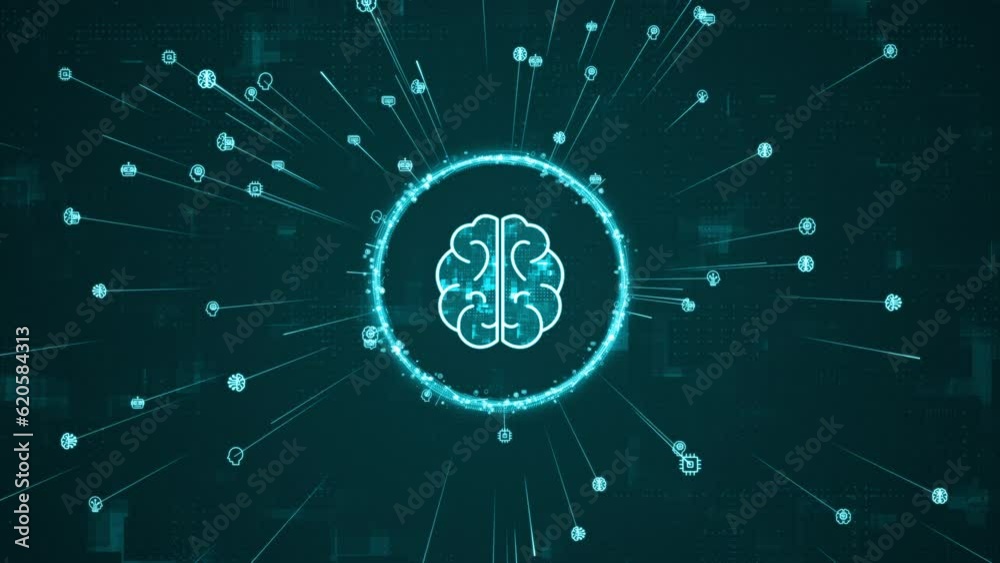 Vídeo do Stock: Motion graphic of Blue digital brain logo and AI icons ...